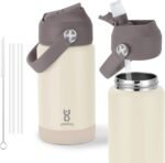 Kids Insulated Water Bottle with Straw Lid & Silicone Handle,12oz Kids Leak Proof Water Bottle for School Boys Girls,Double Wall Vacuum Stainless Steel with Non-slip Silicone Base(Beige) - Image 2