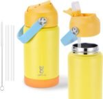 Kids Insulated Water Bottle with Straw Lid & Silicone Handle,12oz Kids Leak Proof Water Bottle for School Boys Girls,Double Wall Vacuum Stainless Steel with Non-slip Silicone Base(Yellow) - Image 2