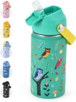 Kids Water Bottle 14oz with Silicone Straw Lid - Insulated Toddler Water Bottle Stainless Steel Keeps Cold 24H, Leak Proof & Birds Prints Design | Custom Name Tag for School, Daycare, Travel - Image 2