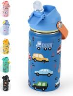 Kids Water Bottle 14oz with Silicone Straw Lid - Insulated Toddler Water Bottle Stainless Steel Keeps Cold 24H, Leak Proof & Cars Trucks Prints Design | Custom Name Tag for School, Daycare, Travel - Image 2
