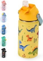 Kids Water Bottle 14oz with Silicone Straw Lid - Insulated Toddler Water Bottle Stainless Steel Keeps Cold 24H, Leak Proof & Dinosaur Prints Design | Custom Name Tag for School, Daycare, Travel - Image 2