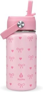 Kids Water Bottle With Straw Lid,Pink Bow 14 oz Stainless Steel Travel Bottle,Double Wall Leak Proof Kids Cup,Insulated Tumbler for Toddlers,Metal Bottle for School Boys Girls - Image 2