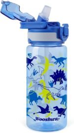 Kids Water Bottle for School, 20 Oz Plastic Straw Water Bottle with Silicone Spout and Leakproof Cover, Dishwasher Safe (Dinosaur) - Image 2
