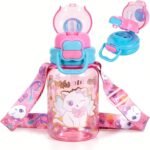 Kids Water Bottle with Pop-Open Straw & Spout 2-in-1 Lid, 20oz Leak-Proof Tritan Plastic BPA-Free Kids Cup with Strap for School Travel Sports Girls Toddler, Cat - Image 2