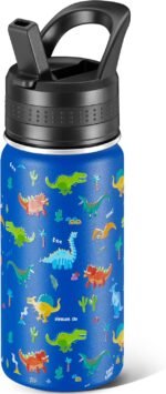 Kids Water Bottle,14oz Stainless Steel Insulated Water Tumbler Leak-Proof,School Water Mug,Small and Portable,Suitable for Boys and Girls to Use(Blue cartoon dinosaur) - Image 2
