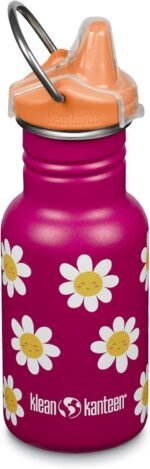 Klean Kanteen 12 oz Classic Kid's Sippy Bottle - For Little Hands - With Dust Cover & Attachable Loop - Durable, BPA-Free, Stainless Steel Material - Fits Interchangeable Caps - Happy Flowers - Image 2