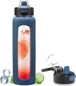Kodrine 32 oz Glass Water Bottle with Straw and Carry Loop, One-Touch Leakproof Locking Lid, Reusable Drinking Bottle with Time Marker for Travel Home Gym Sports (Navy Blue) - Image 2