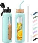 Kodrine Water Bottle with Straw, 24 oz Glass water Bottle with 2 Lids Bamboo Straw Lid and Spout Lid with Handle, 32 oz Clear Water Bottle Glass for Sports Travel, Waterbottle with Time Marker - Image 2