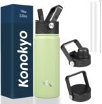 Konokyo 18 oz Insulated Water Bottle Stainless Steel Sport Bottles with 3 Lids,Macaron Green - Image 2
