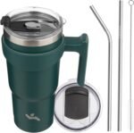 Konokyo 20 oz Tumbler with Handle and 2 Straw 2 Lid, Insulated Water Bottle Stainless Steel Vacuum Cup Reusable Travel Mug,Army Green - Image 2
