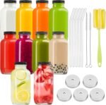 Kucoele 16oz Glass Juice Bottles with Lids, 10 Pack Reusable Smoothie Cups Water Bottles Drinking Jars with Glass Straws, Brush, Lids with Hole - Image 2