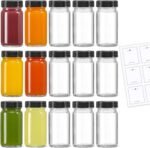 LANDNEOO 15 Pack 2 oz Glass Shot Mini Bottles w/Black Lids & 15 Labels - Small Clear Jar for Ginger, Wellness Shot, Juice, Sample, Whiskey - Travel Essentials - Wide Mouth, Leakproof, Dishwasher Safe - Image 2