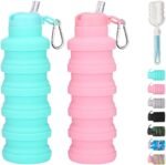 LIZADIN Collapsible water bottles 2 Pack with brush,BPA Free Travel Silicone Water Bottle with Carabiner,Reusable Foldable Portable Lightweight Sports bottles for Gym Camping Hiking (Pink+Aqua blue) - Image 2