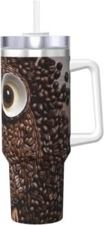 LKWSCGHM 40 oz Stainless Steel Tumbler with Handle and Straw, Coffee bean owl Car Cup Insulated Water Bottle Personalized Ice Bully Cup Hot/Cold Travel Coffee Mug Gifts, Cupholder Friendly - Image 2