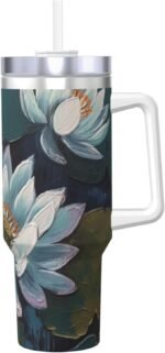LKWSCGHM 40 oz Stainless Steel Tumbler with Handle and Straw, Hand Painted Flower Car Cup Insulated Water Bottle Personalized Ice Bully Cup Hot/Cold Travel Coffee Mug Gifts, Cupholder Friendly - Image 2