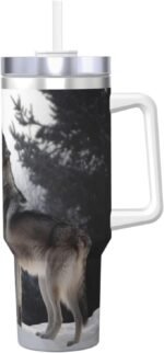 LKWSCGHM 40 oz Stainless Steel Tumbler with Handle and Straw, howling wolf Car Cup Insulated Water Bottle Personalized Ice Bully Cup Hot/Cold Travel Coffee Mug Gifts, Cupholder Friendly - Image 2