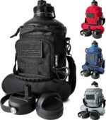 LUNCHALOT 1 Gallon Water Bottle - 128 Oz Insulated Stainless Steel Metal Water Bottle with Holder - Carrying Bag - Spout Handle - Straw Lids - Keep Cold & Hot - Black Tactical Flask - Image 2