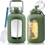 Large Glass Water Bottles with Stainless Steel Handle,100 oz Gallon Drinking Bottle with 2-in-1 Straw Lid,3 Liter Glass Water Jug with Silicone Sleeve,Wide Mouth,Olive - Image 2