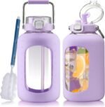Large Glass Water Bottles with Stainless Steel Handle,100 oz Gallon Drinking Bottle with 2-in-1 Straw Lid,3 Liter Glass Water Jug with Silicone Sleeve,Wide Mouth,Purple - Image 2