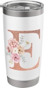 Letter E Initial Floral monogram Travel Coffee Cup Mug Stainless Steel Insulated Tumbler - Image 2