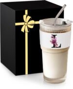 Letter Glass Cup with Lid Straw Ribbed Ice Tea Coffee Cute Stuff Brides Matcha Latte Clear Tumbler Wedding Her Day Bridal Shower Bachelorette Party Engaged Engagement Personalized Customized Gift L - Image 2