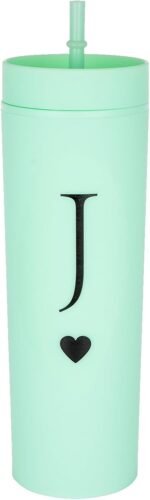 Letter J Personalized Initial Gifts for Women Men 16oz Double Wall Mint Plastic Skinny Tumbler Monogrammed Matte Slim Cup Wedding Graduation Birthday Gift (J) - Image 2