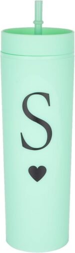 Letter S Personalized Initial Gifts for Women Men 16oz Double Wall Mint Plastic Skinny Tumbler Monogrammed Matte Slim Cup Wedding Graduation Birthday Gift (S) - Image 2