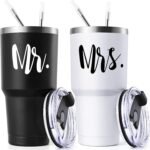 Lifecapido Mr & Mrs Stainless Steel Travel Tumblers Set, Wedding Gifts for Couples - His & Her Gifts, 30oz, Black & White - Image 2