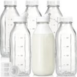 Liter Glass Milk Bottles w 100% Airtight Heavy Duty Screw Lid & 2 Dispenser- 6 Pack 32 Oz Drinking Jars - Food Grade Glass Bottles for Milk, Honey, Jam - Dishwasher Safe(Extra 2 Lids and Stickers) - Image 2