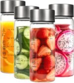 Lucidora 4 Pcs 12oz Glass Juice Bottles with Lids, Wide Mouth Glass Water Bottles with Measurement Markings Reusable Borosilicate Bottle for Juicing Smoothies Beverages, Leakproof Stainless Steel Caps - Image 2
