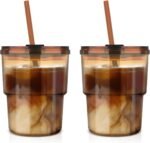 Luxfuel 13oz Tumbler Water Glass Cups with Straw and Lid, Reusable Iced Coffee Cups, Iced Tea, Sealed Carry-On Glass Tumbler for Travel, Home, Office, Party and Outdoor (Amber 2 Pack) - Image 2