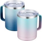 MEWAY 12oz Coffee Mug With Handle 2 Pack Bulk,Stainless Steel Insulated Travel Tumblers With Sliding Lid,Double Wall Vacuum Camping Cup for Hot & Cold Drinks Tea (Bubble Gum&Blue Waves,Set of 2) - Image 2