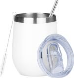 MEZMUT 12 Oz Insulated Wine Tumbler with Lid Double Wall Vacuum Stainless Steel Wine Glass Coffee Mug Insulated Tumbler Cup for Champaign, Cocktail, Beer (White, 1 Pack) - Image 2