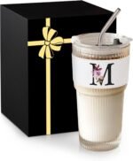 MNZZ Monogram Glass Cup with Lid Straw Ribbed Ice Tea Coffee Matcha Latte Clear Tumbler Regalos Mujer Vasos Asthetic Special Personalized Gift Mother Vidrio Day Mama Mommy Bonus Best Mom Ever Cute M - Image 2
