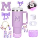 MOTEERLLU 6pcs Purple Stanley Cup Accessories Set,Bow Straw Cover for Stanley Cup 30oz 40oz, Including Straw Topper,Spill Proof Stopper,Sparkly Silicone Boot Set,Handle Charm,Initials Sticker (M) - Image 2