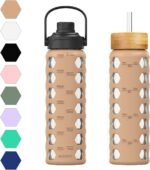 MUKOKO 24oz Glass Water Bottle with 2 Lids-Handle Flip Lid&Bamboo Straw Lid,Motivational Water Tumbler with Time Marker Reminder and Silicone Sleeve, Leakproof-Amber - Image 2