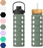 MUKOKO 24oz Glass Water Bottle with 2 Lids-Handle Flip Lid&Bamboo Straw Lid,Motivational Water Tumbler with Time Marker Reminder and Silicone Sleeve, Leakproof-Olive - Image 2