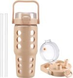 MUKOKO 32 oz Glass Tumbler with Straw,Glass Water Bottles with Time Marker,Iced Coffee Cup with Silicone Sleeve,Motivational Drinking Bottles,Leakproof-Amber - Image 2