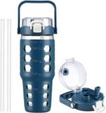 MUKOKO 32 oz Glass Tumbler with Straw,Glass Water Bottles with Time Marker,Iced Coffee Cup with Silicone Sleeve,Motivational Drinking Bottles,Leakproof-Blue - Image 2