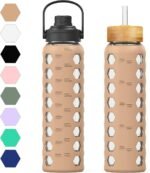 MUKOKO 32oz Glass Water Bottles with 2 Lids-Handle Spout Lid&Bamboo Straw Lid, Motivational Water Tumbler with Time Marker Reminder and Silicone Sleeve, Leakproof-Amber-1 Pack - Image 2