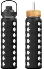 MUKOKO 32oz Glass Water Bottles with 2 Lids-Handle Spout Lid&Bamboo Straw Lid, Motivational Water Tumbler with Time Marker Reminder and Silicone Sleeve, Leakproof-Black-1 Pack - Image 2
