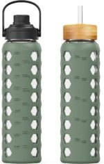 MUKOKO 32oz Glass Water Bottles with 2 Lids-Handle Spout Lid&Bamboo Straw Lid, Motivational Water Tumbler with Time Marker Reminder and Silicone Sleeve, Leakproof-Olive-1 Pack - Image 2
