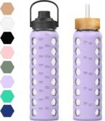 MUKOKO 32oz Glass Water Bottles with 2 Lids-Handle Spout Lid&Bamboo Straw Lid, Motivational Water Tumbler with Time Marker Reminder and Silicone Sleeve, Leakproof-Purple-1 Pack - Image 2