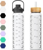 MUKOKO 32oz Glass Water Bottles with 2 Lids-Handle Spout Lid&Bamboo Straw Lid, Motivational Water Tumbler with Time Marker Reminder and Silicone Sleeve, Leakproof-White-1 Pack - Image 2
