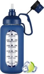 MUKOKO 64oz Glass Water Bottles with Straw, Half Gallon Water Jug with Time Marker, Sports Large Motivational Bottle with Silicone Sleeve, Klein - Image 2