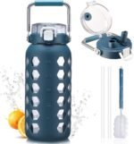 MUKOKO 64oz Glass Water Bottles with Straw and Lid,Half Gallon Water Bottle with Time Marker,Large Glass Water Jug with Silicone Sleeve and Stainless Steel Handle-Blue - Image 2