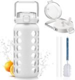 MUKOKO 64oz Glass Water Bottles with Straw and Lid,Half Gallon Water Bottle with Time Marker,Large Glass Water Jug with Silicone Sleeve and Stainless Steel Handle-White - Image 2