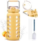 MUKOKO 64oz Glass Water Bottles with Straw and Lid,Half Gallon Water Bottle with Time Marker,Large Glass Water Jug with Silicone Sleeve and Stainless Steel Handle-Yellow - Image 2