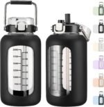 MUKOKO 84oz Glass Water Bottle with Time Marker and Silicone Sleeve 2.5L Water Jug with Stainless Steel Handle Gallon Drinking Bottle with 2-in-1 Lid Wide Mouth BPA Free, Black - Image 2