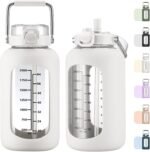 MUKOKO 84oz Glass Water Bottle with Time Marker and Silicone Sleeve 2.5L Water Jug with Stainless Steel Handle Gallon Drinking Bottle with 2-in-1 Lid Wide Mouth BPA Free, White - Image 2